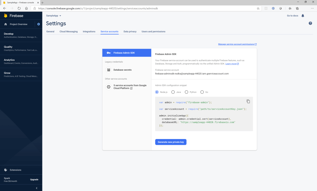 Firebase admin SDK options